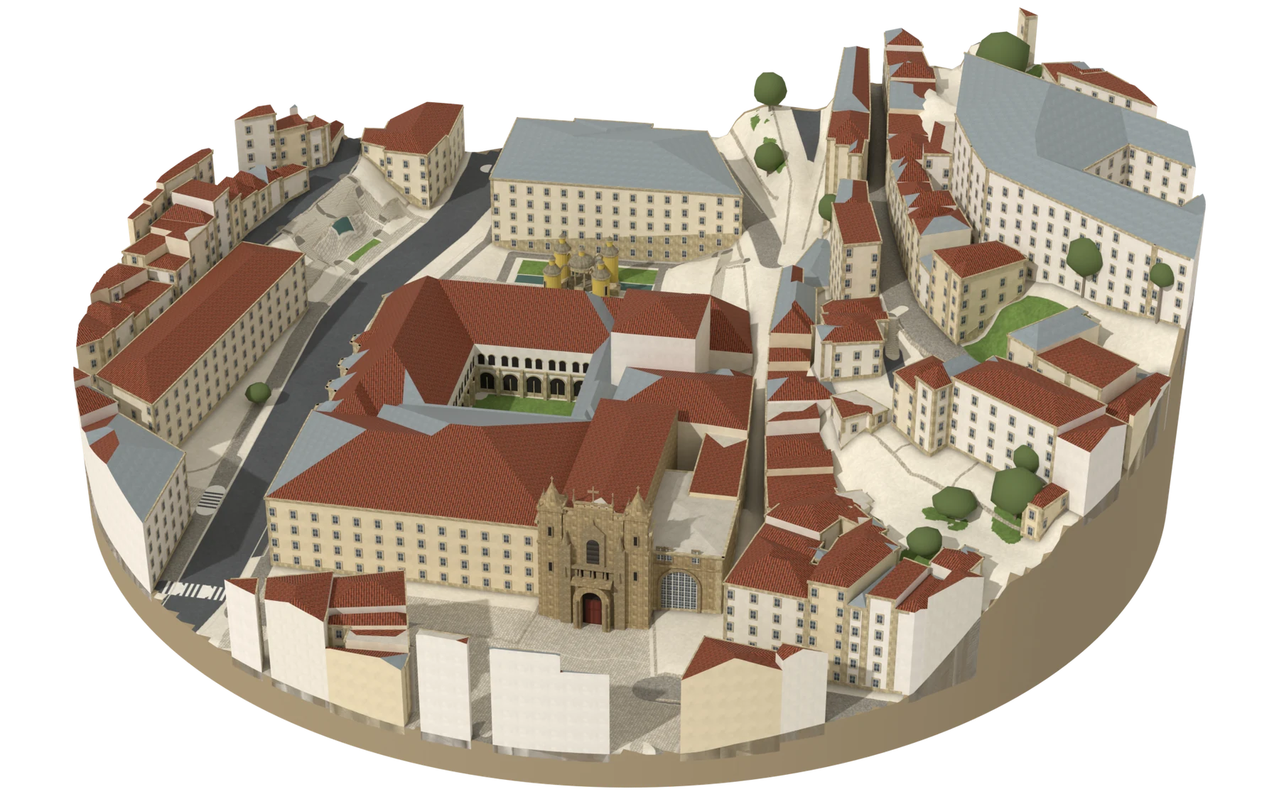 Reconstituição do Mosteiro de Santa Cruz vista da Praça 8 de Maio: a fachada da igreja entre as duas torres, o claustro por trás e a fonte da Manga ao fundo.