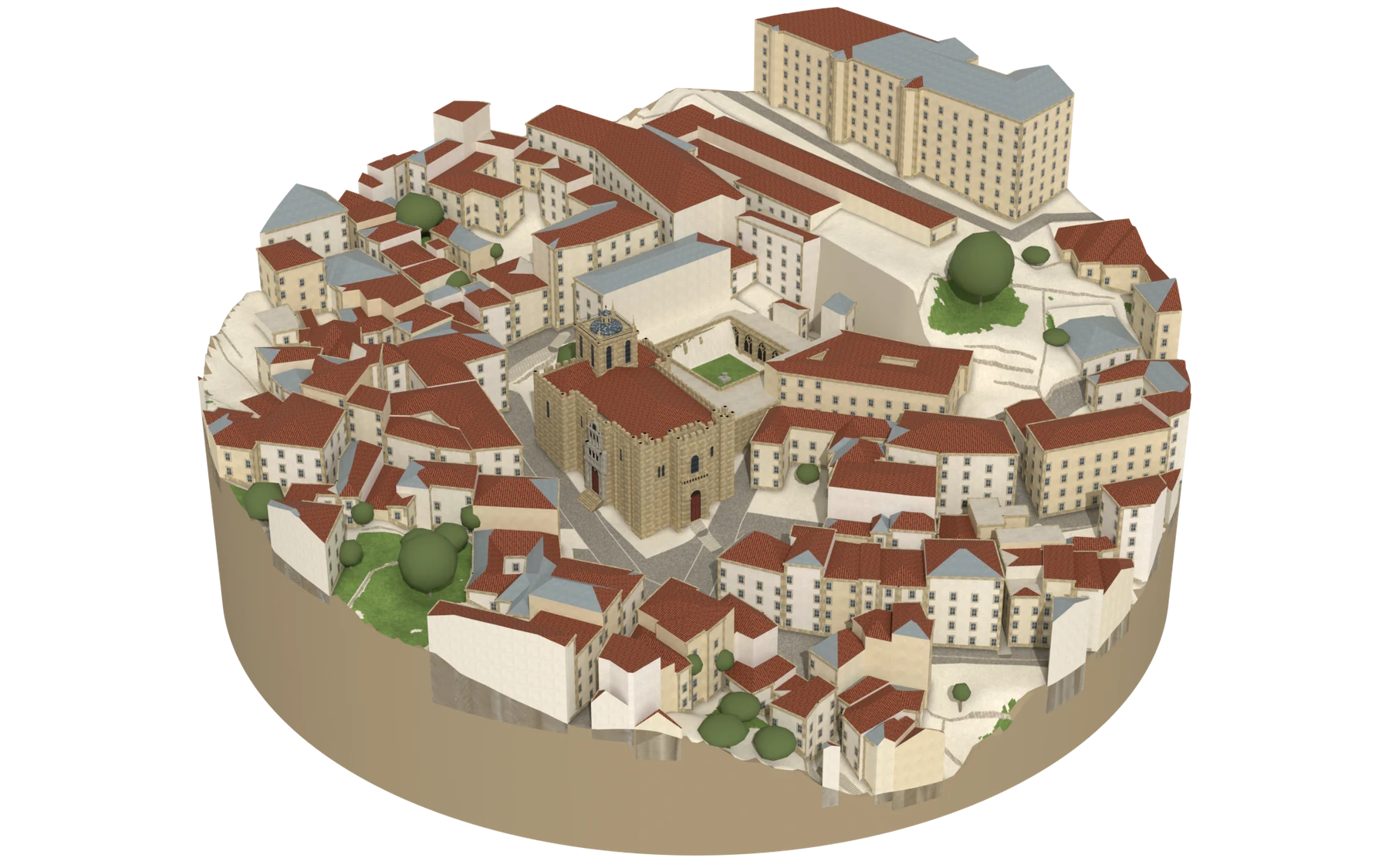 Reconstituição da Sé Velha e do casario à volta, vista de noroeste: a fachada com ameias, a Porta Especiosa na fachada norte e a torre-lanterna com a cúpula; o claustro por trás.